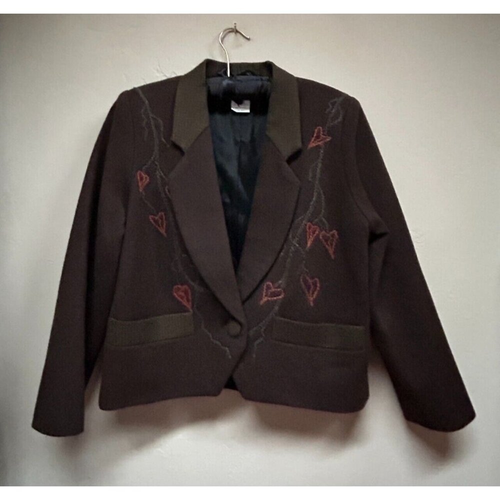 Vintage Mary Flanagan Womens Wool Embroidered One-Button Blazer XS Brown Lined